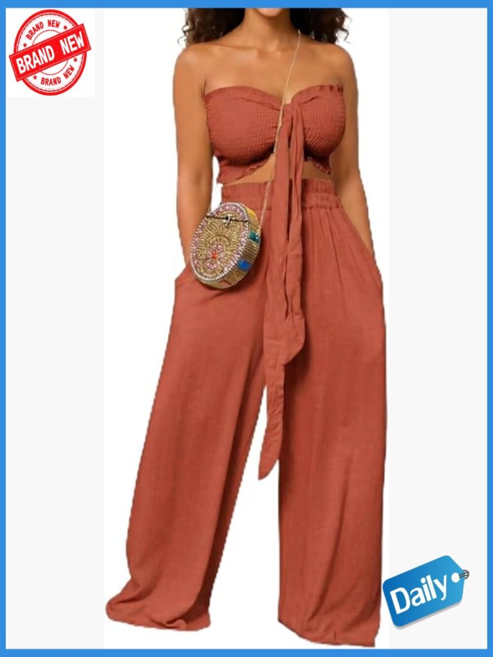 2 Piece Pants Set Knot Front Crop Top Wide Leg Pockets Vacation Outfit